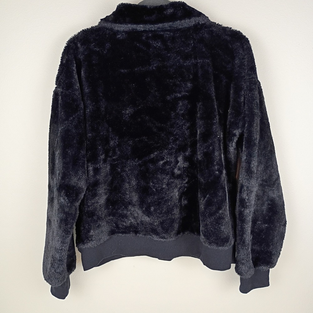 Nine West Womens Black Faux Fur Quarter Zip Pullover Sweater Large Ribbed Trim - Picture 3 of 8